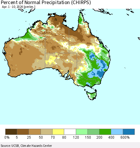 Australia Percent of Normal Precipitation (CHIRPS) Thematic Map For 4/1/2024 - 4/10/2024