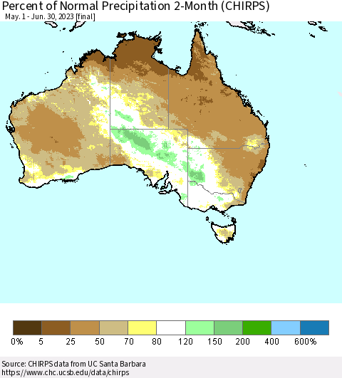 Australia Percent of Normal Precipitation 2-Month (CHIRPS) Thematic Map For 5/1/2023 - 6/30/2023