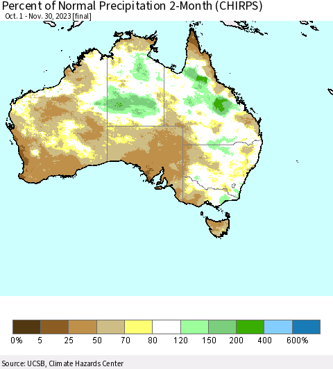 Australia Percent of Normal Precipitation 2-Month (CHIRPS) Thematic Map For 10/1/2023 - 11/30/2023
