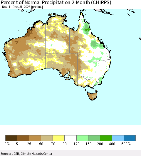 Australia Percent of Normal Precipitation 2-Month (CHIRPS) Thematic Map For 11/1/2023 - 12/31/2023
