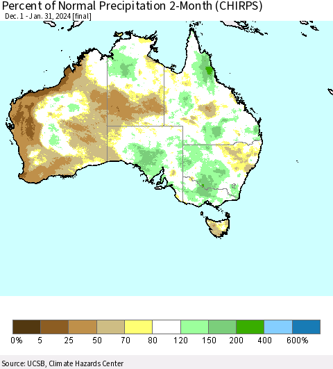 Australia Percent of Normal Precipitation 2-Month (CHIRPS) Thematic Map For 12/1/2023 - 1/31/2024