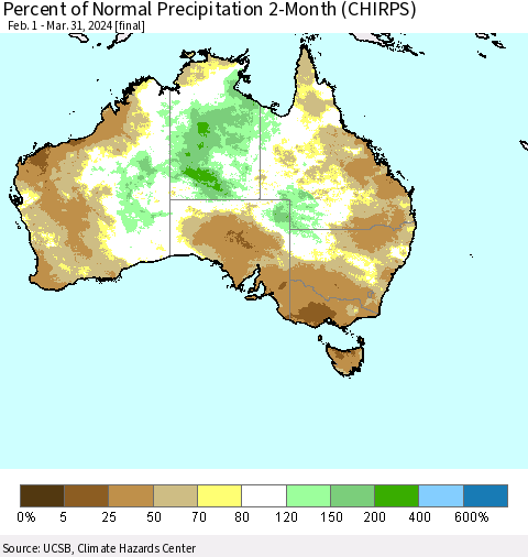 Australia Percent of Normal Precipitation 2-Month (CHIRPS) Thematic Map For 2/1/2024 - 3/31/2024