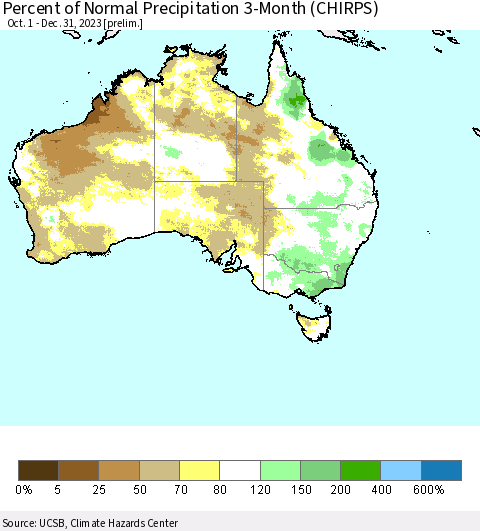 Australia Percent of Normal Precipitation 3-Month (CHIRPS) Thematic Map For 10/1/2023 - 12/31/2023
