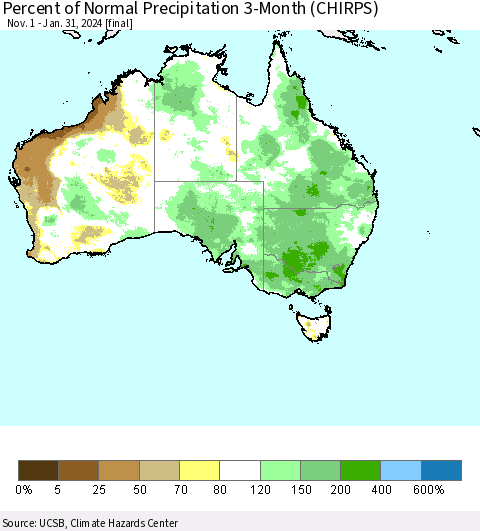Australia Percent of Normal Precipitation 3-Month (CHIRPS) Thematic Map For 11/1/2023 - 1/31/2024