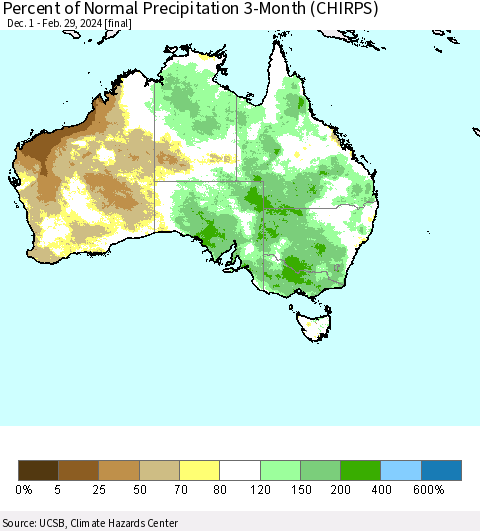 Australia Percent of Normal Precipitation 3-Month (CHIRPS) Thematic Map For 12/1/2023 - 2/29/2024