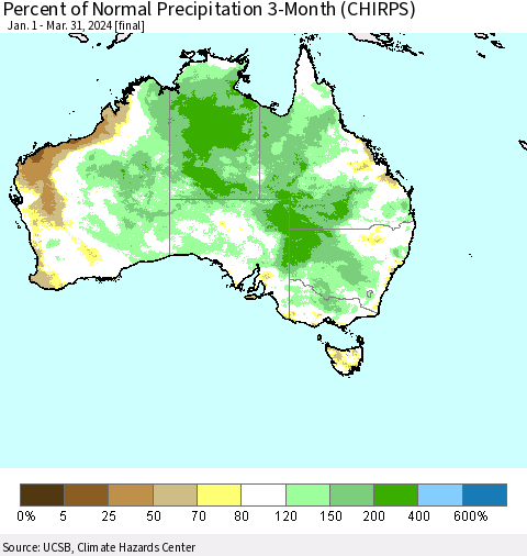 Australia Percent of Normal Precipitation 3-Month (CHIRPS) Thematic Map For 1/1/2024 - 3/31/2024