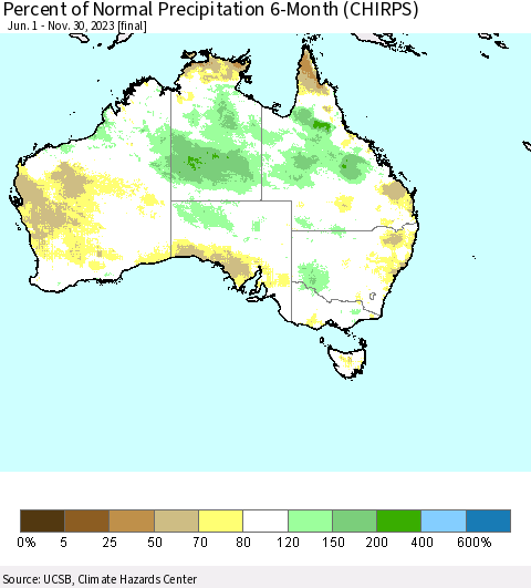 Australia Percent of Normal Precipitation 6-Month (CHIRPS) Thematic Map For 6/1/2023 - 11/30/2023