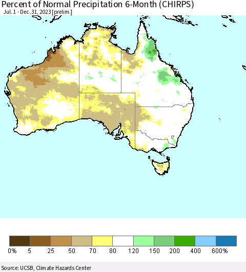 Australia Percent of Normal Precipitation 6-Month (CHIRPS) Thematic Map For 7/1/2023 - 12/31/2023
