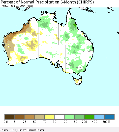 Australia Percent of Normal Precipitation 6-Month (CHIRPS) Thematic Map For 8/1/2023 - 1/31/2024