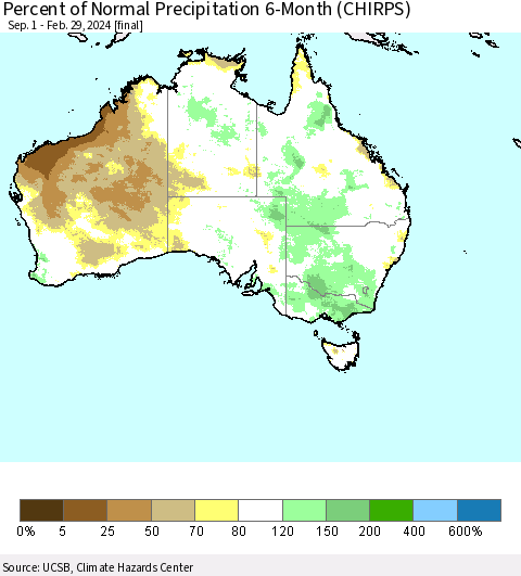 Australia Percent of Normal Precipitation 6-Month (CHIRPS) Thematic Map For 9/1/2023 - 2/29/2024