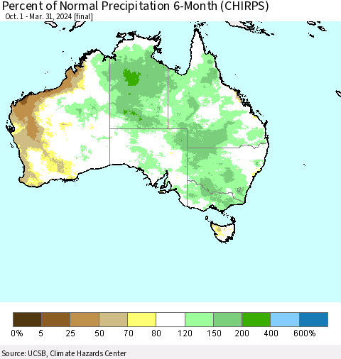 Australia Percent of Normal Precipitation 6-Month (CHIRPS) Thematic Map For 10/1/2023 - 3/31/2024