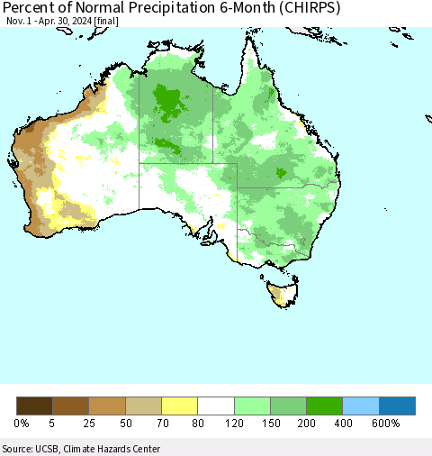 Australia Percent of Normal Precipitation 6-Month (CHIRPS) Thematic Map For 11/1/2023 - 4/30/2024