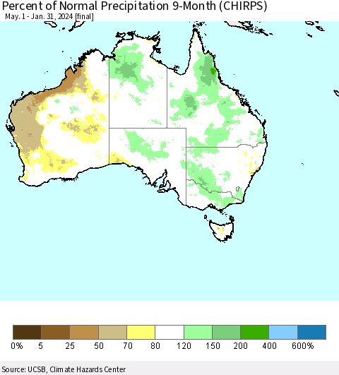 Australia Percent of Normal Precipitation 9-Month (CHIRPS) Thematic Map For 5/1/2023 - 1/31/2024