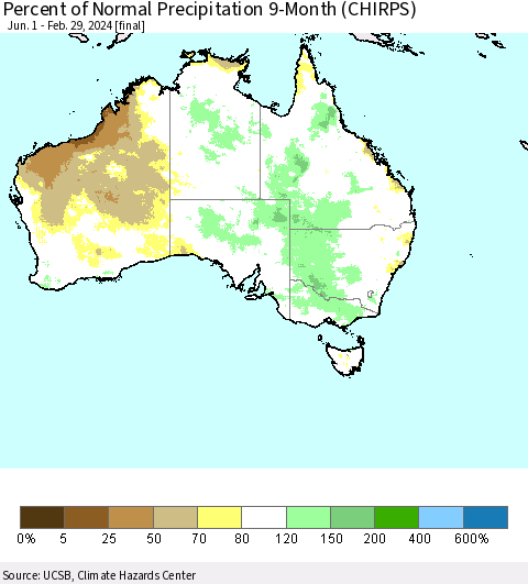 Australia Percent of Normal Precipitation 9-Month (CHIRPS) Thematic Map For 6/1/2023 - 2/29/2024