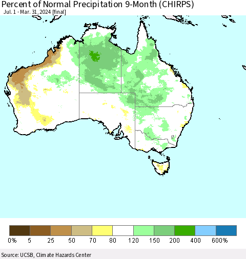 Australia Percent of Normal Precipitation 9-Month (CHIRPS) Thematic Map For 7/1/2023 - 3/31/2024