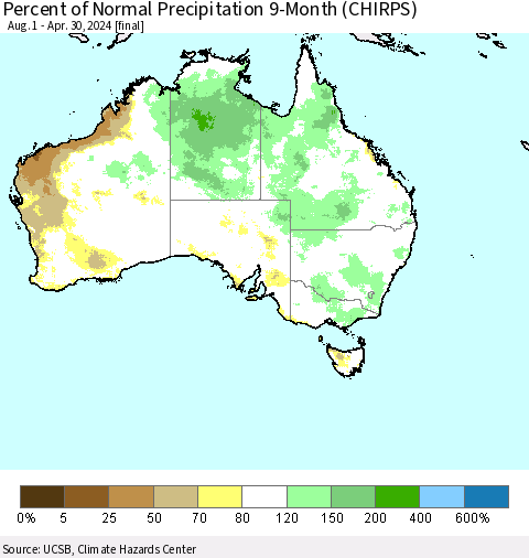 Australia Percent of Normal Precipitation 9-Month (CHIRPS) Thematic Map For 8/1/2023 - 4/30/2024