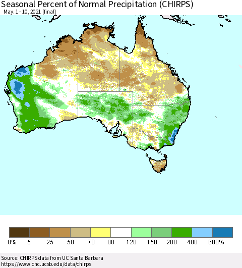 Australia Seasonal Percent of Normal Precipitation (CHIRPS) Thematic Map For 5/1/2021 - 5/10/2021