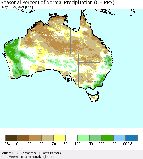 Australia Seasonal Percent of Normal Precipitation (CHIRPS) Thematic Map For 5/1/2021 - 5/20/2021