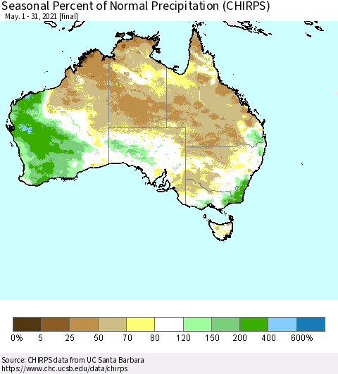 Australia Seasonal Percent of Normal Precipitation (CHIRPS) Thematic Map For 5/1/2021 - 5/31/2021