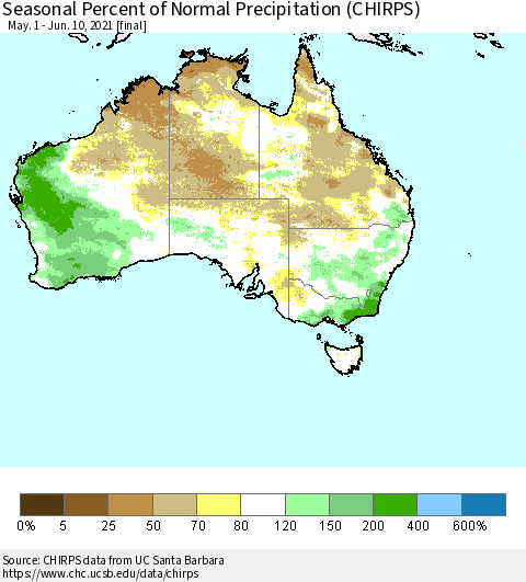 Australia Seasonal Percent of Normal Precipitation (CHIRPS) Thematic Map For 5/1/2021 - 6/10/2021