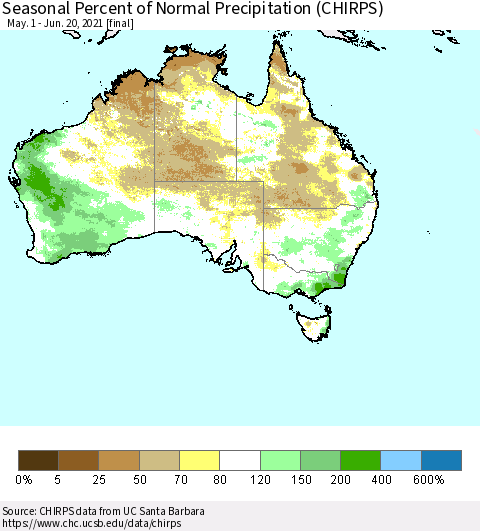 Australia Seasonal Percent of Normal Precipitation (CHIRPS) Thematic Map For 5/1/2021 - 6/20/2021