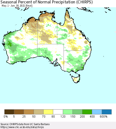 Australia Seasonal Percent of Normal Precipitation (CHIRPS) Thematic Map For 5/1/2021 - 6/30/2021