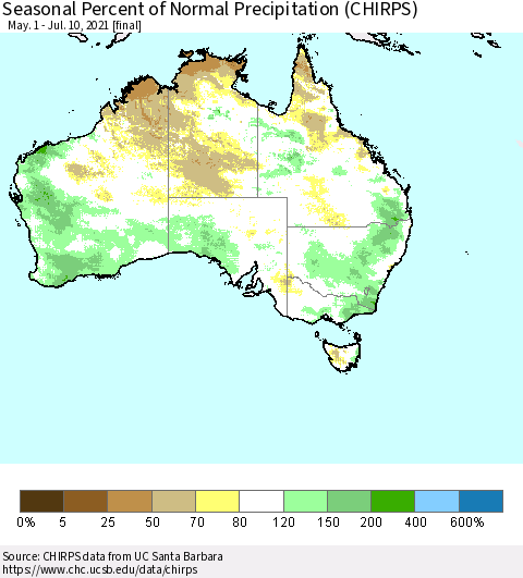 Australia Seasonal Percent of Normal Precipitation (CHIRPS) Thematic Map For 5/1/2021 - 7/10/2021
