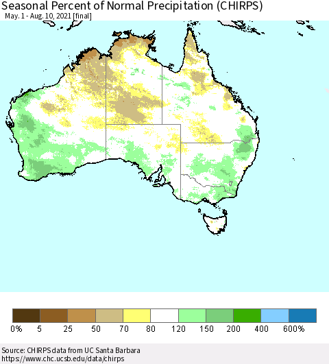 Australia Seasonal Percent of Normal Precipitation (CHIRPS) Thematic Map For 5/1/2021 - 8/10/2021