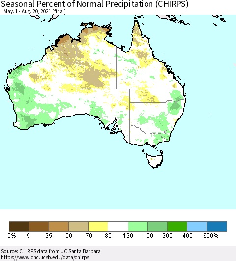 Australia Seasonal Percent of Normal Precipitation (CHIRPS) Thematic Map For 5/1/2021 - 8/20/2021