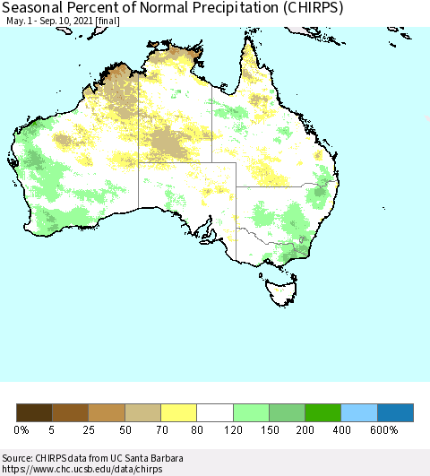 Australia Seasonal Percent of Normal Precipitation (CHIRPS) Thematic Map For 5/1/2021 - 9/10/2021