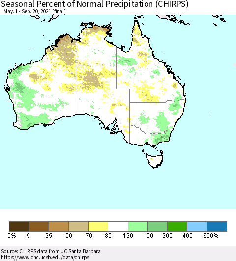 Australia Seasonal Percent of Normal Precipitation (CHIRPS) Thematic Map For 5/1/2021 - 9/20/2021