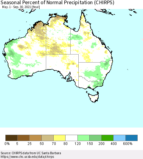 Australia Seasonal Percent of Normal Precipitation (CHIRPS) Thematic Map For 5/1/2021 - 9/30/2021