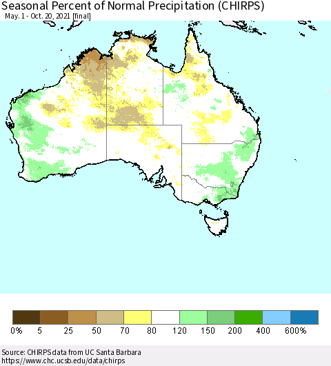 Australia Seasonal Percent of Normal Precipitation (CHIRPS) Thematic Map For 5/1/2021 - 10/20/2021
