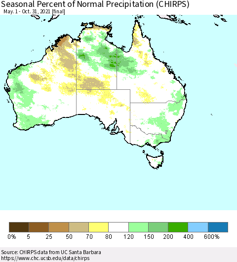 Australia Seasonal Percent of Normal Precipitation (CHIRPS) Thematic Map For 5/1/2021 - 10/31/2021