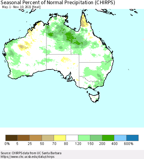 Australia Seasonal Percent of Normal Precipitation (CHIRPS) Thematic Map For 5/1/2021 - 11/10/2021