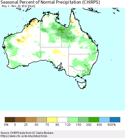 Australia Seasonal Percent of Normal Precipitation (CHIRPS) Thematic Map For 5/1/2021 - 11/20/2021