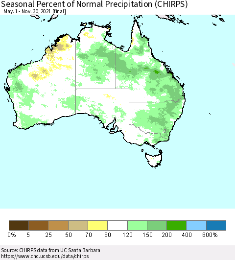 Australia Seasonal Percent of Normal Precipitation (CHIRPS) Thematic Map For 5/1/2021 - 11/30/2021