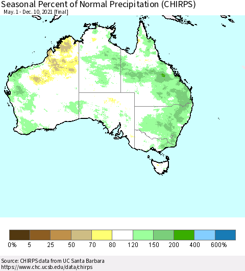 Australia Seasonal Percent of Normal Precipitation (CHIRPS) Thematic Map For 5/1/2021 - 12/10/2021
