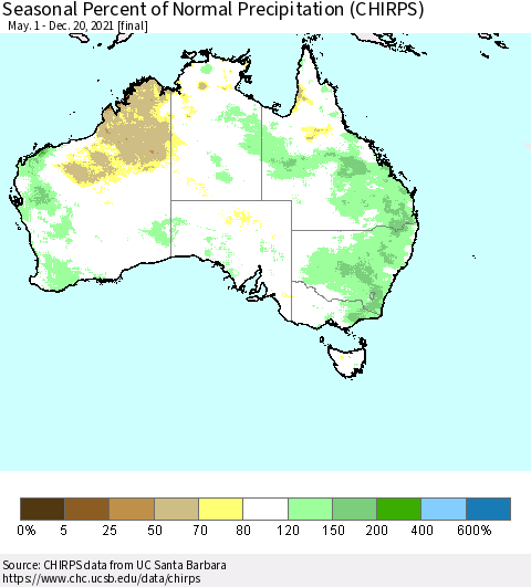 Australia Seasonal Percent of Normal Precipitation (CHIRPS) Thematic Map For 5/1/2021 - 12/20/2021