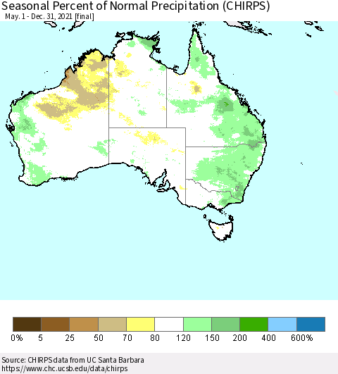 Australia Seasonal Percent of Normal Precipitation (CHIRPS) Thematic Map For 5/1/2021 - 12/31/2021