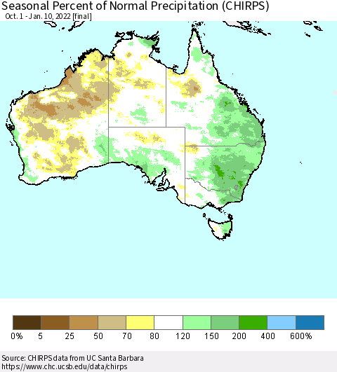 Australia Seasonal Percent of Normal Precipitation (CHIRPS) Thematic Map For 10/1/2021 - 1/10/2022