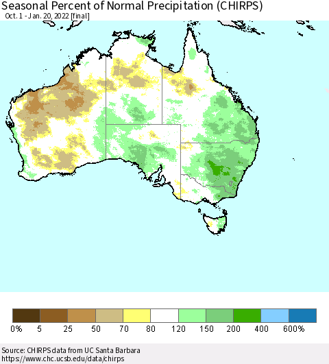 Australia Seasonal Percent of Normal Precipitation (CHIRPS) Thematic Map For 10/1/2021 - 1/20/2022