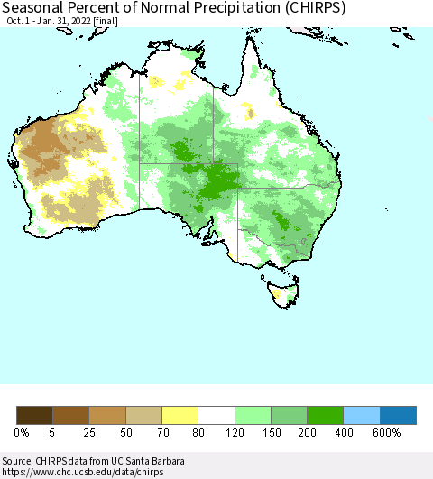 Australia Seasonal Percent of Normal Precipitation (CHIRPS) Thematic Map For 10/1/2021 - 1/31/2022