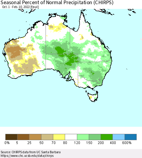 Australia Seasonal Percent of Normal Precipitation (CHIRPS) Thematic Map For 10/1/2021 - 2/10/2022