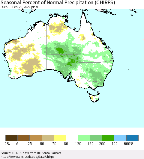 Australia Seasonal Percent of Normal Precipitation (CHIRPS) Thematic Map For 10/1/2021 - 2/20/2022
