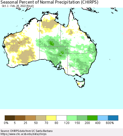 Australia Seasonal Percent of Normal Precipitation (CHIRPS) Thematic Map For 10/1/2021 - 2/28/2022