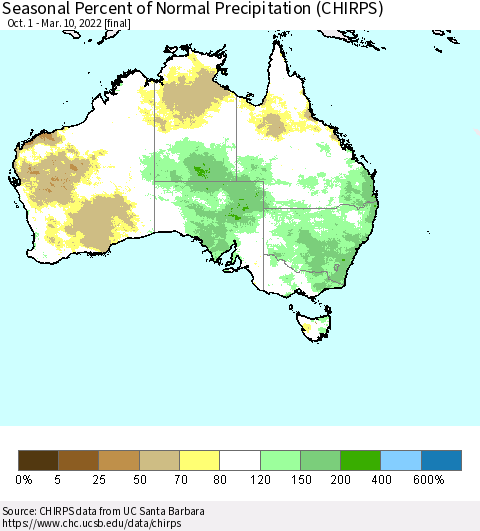 Australia Seasonal Percent of Normal Precipitation (CHIRPS) Thematic Map For 10/1/2021 - 3/10/2022