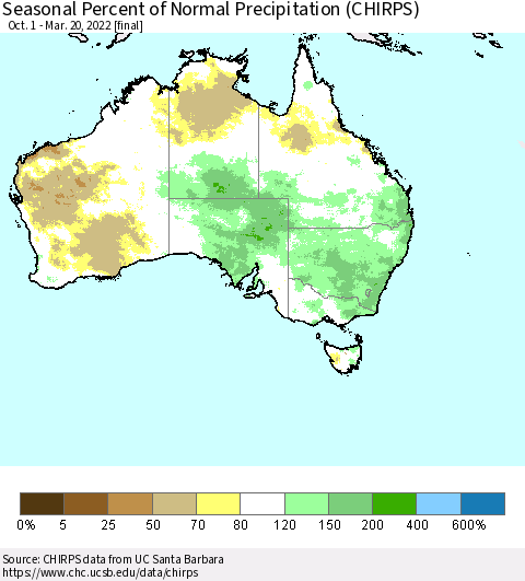 Australia Seasonal Percent of Normal Precipitation (CHIRPS) Thematic Map For 10/1/2021 - 3/20/2022