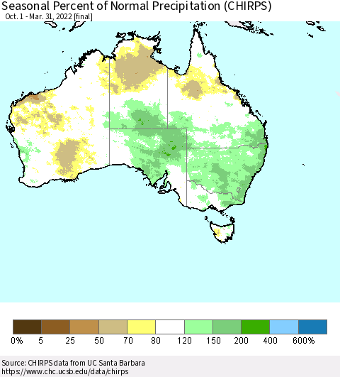 Australia Seasonal Percent of Normal Precipitation (CHIRPS) Thematic Map For 10/1/2021 - 3/31/2022