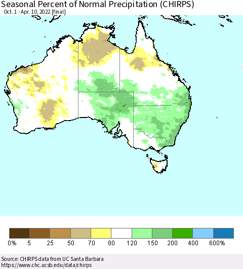 Australia Seasonal Percent of Normal Precipitation (CHIRPS) Thematic Map For 10/1/2021 - 4/10/2022